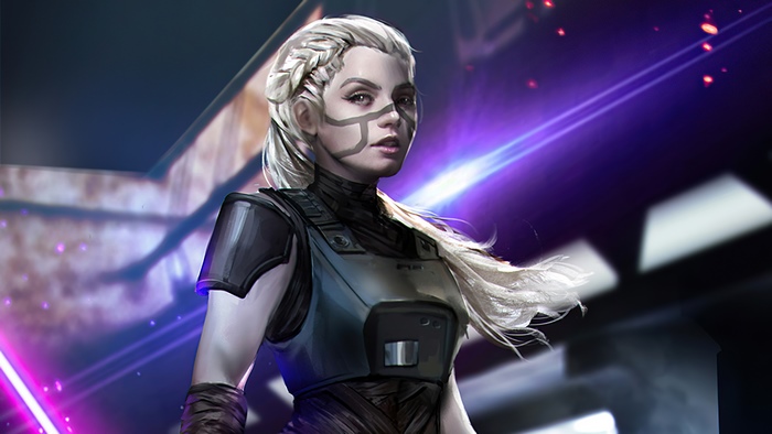 Woman with white hair and face paint from Star Wars