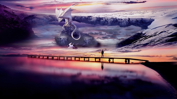Dragon and person on a pier at sunset