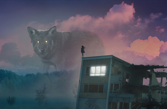 Giant wolf overlooking a ruined city with a girl on a building