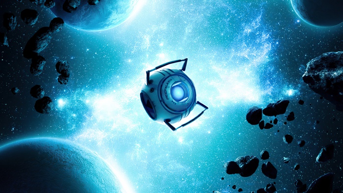 Space artwork with a robot and planets