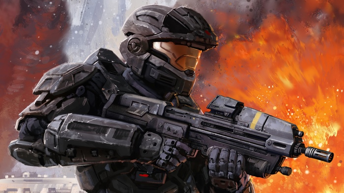 Spartan soldier from Halo holding a rifle