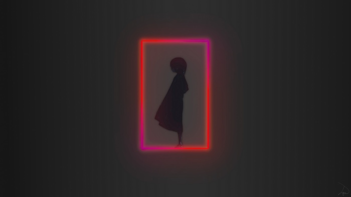 Anime girl silhouette in neon frame