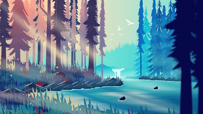 Minimalist forest landscape with river and sunbeams