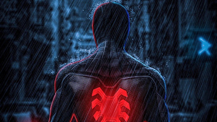 Spiderman in Rain with Red Spider Emblem