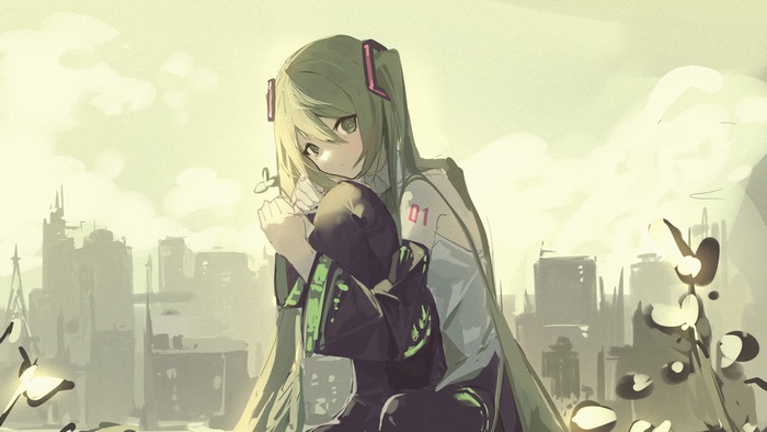 Hatsune Miku from Vocaloid sitting in a city