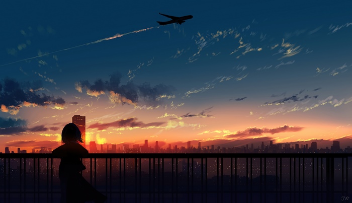 Anime Girl Watching Sunset with Airplane
