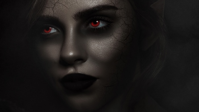 Digital art of a woman with red eyes and cracked skin