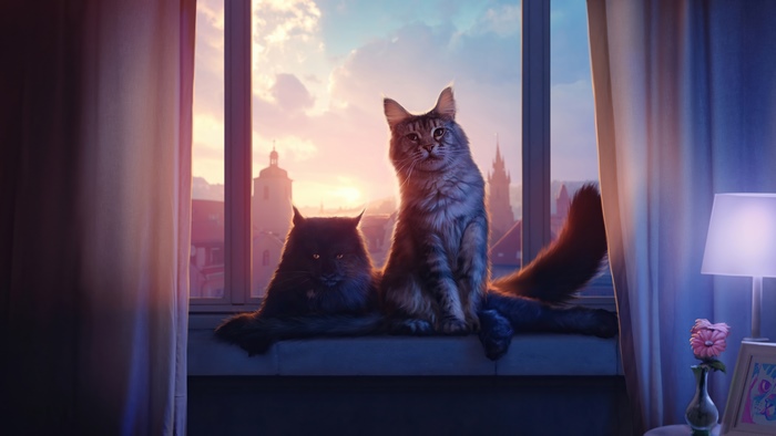 Two cats sitting on a windowsill at sunset