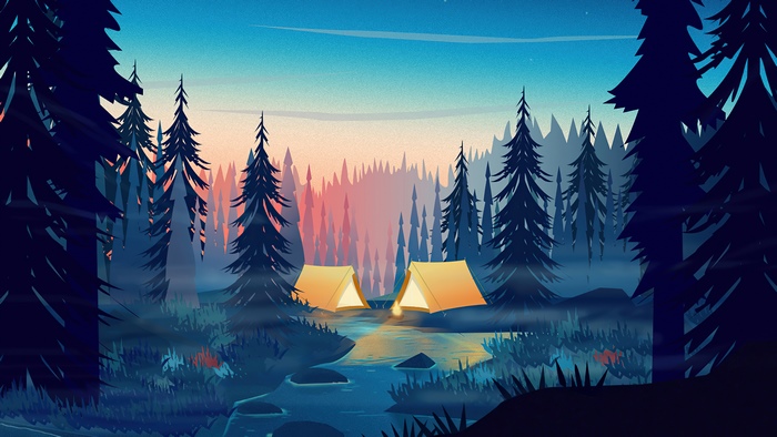 Minimalist digital art of a forest campsite at dusk