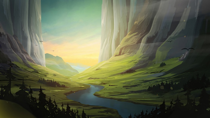 Digital art landscape with river and mountains