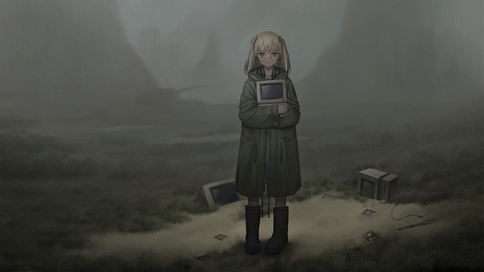 Anime girl holding a computer in a desolate landscape