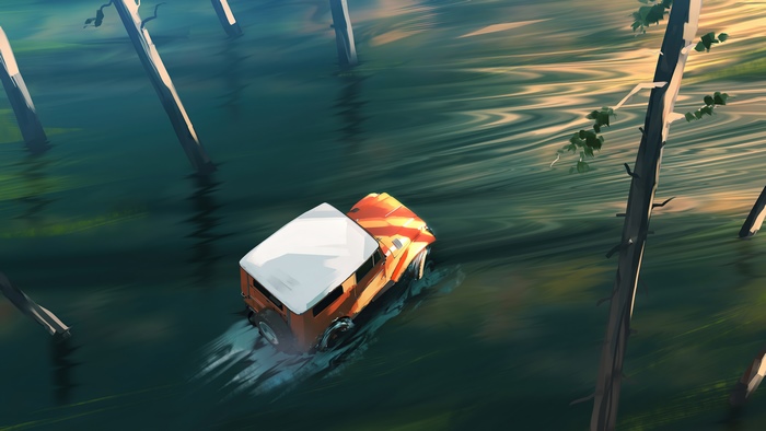Orange and white jeep driving through water with trees
