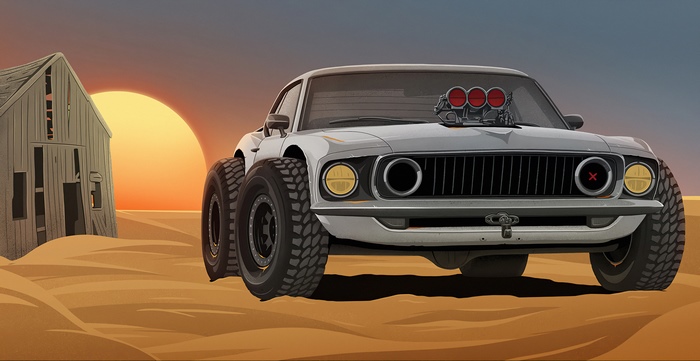 Digital artwork of a modified classic car in a desert