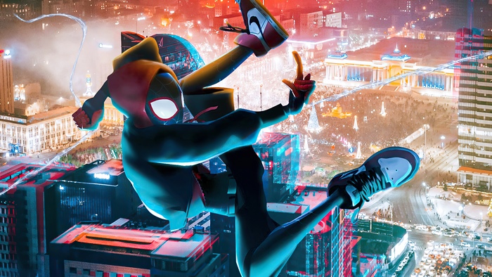 Spider-Man (Miles Morales) swinging through a city at night