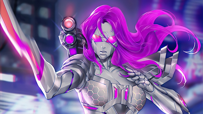 Cyberpunk woman with purple hair and gun