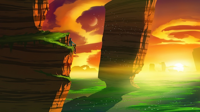 Two people sitting on a cliff overlooking a vibrant landscape at sunset