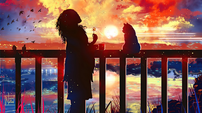 Girl and cat watching sunset with birds flying