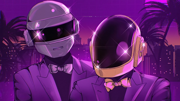 Daft Punk in Suits with Helmets and Bow Ties