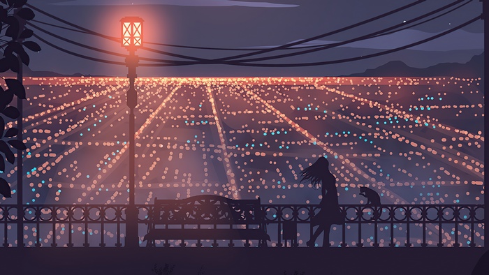 Girl and cat on balcony overlooking city lights