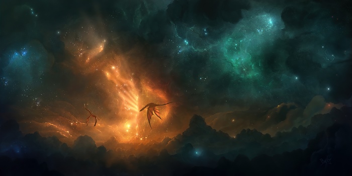 Digital artwork of dragons in a nebula
