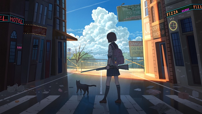 Anime girl with shotgun and cat in abandoned city