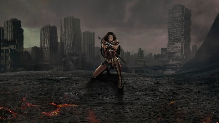 Wonder Woman in a destroyed city