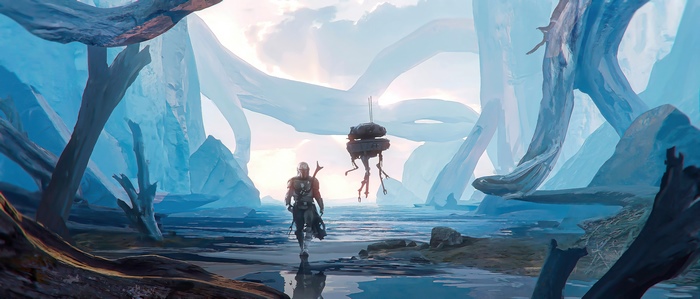 The Mandalorian and IG-11 on an alien planet
