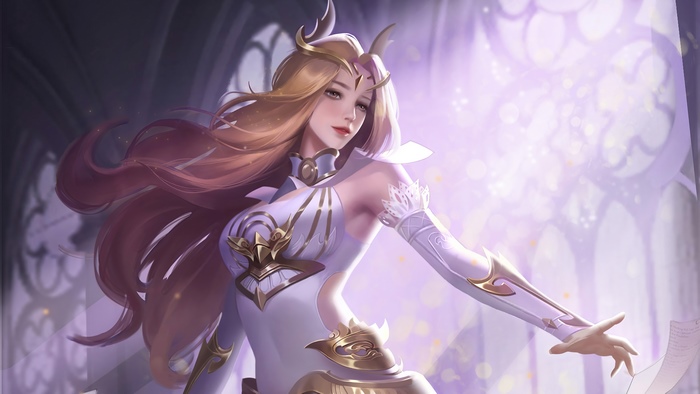 Artwork of a woman with blonde hair in a white and gold dress