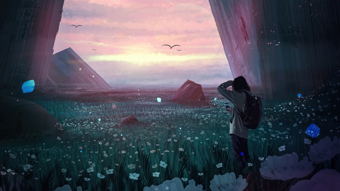 Person with backpack in a field of flowers at sunset