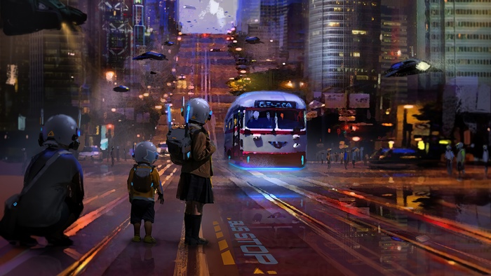 Children at a futuristic bus stop in a neon city