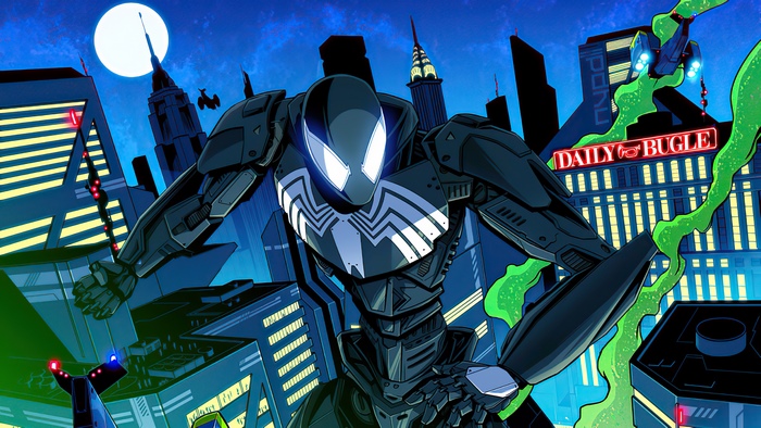 Spider-Man in Black Suit with Venom Symbiote in City