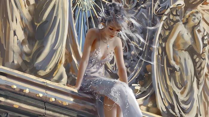 Artwork of a sad elf queen in a white dress