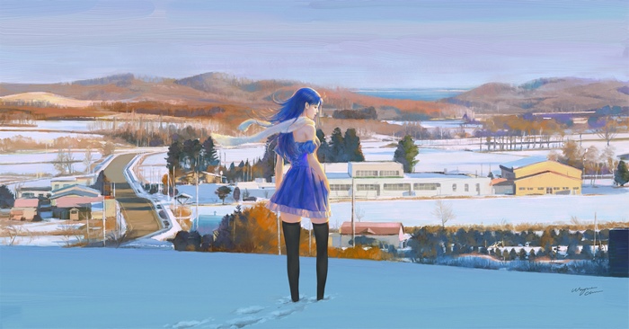 Anime girl in blue dress in snowy landscape