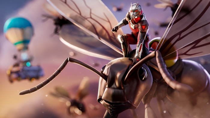 Ant-Man riding a giant ant in Fortnite 4K