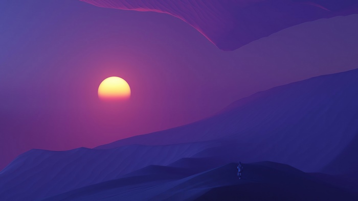 Minimalist desert sunset with astronaut