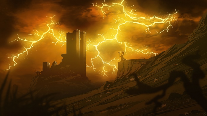 Castle ruins under a lightning storm