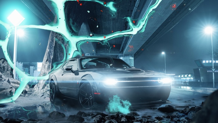 Dodge Challenger with glowing energy under a bridge