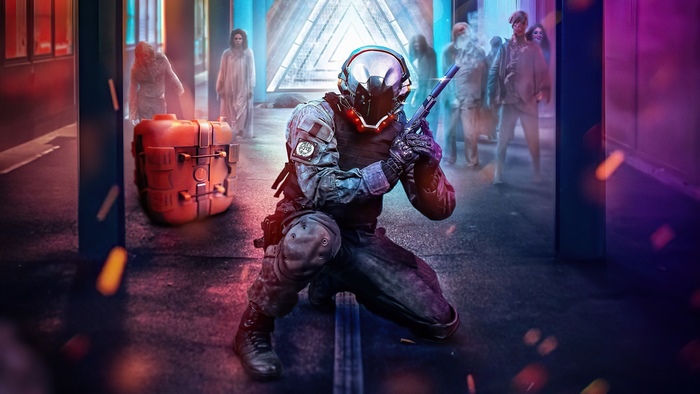 Soldier with gun and zombies in futuristic city 4K