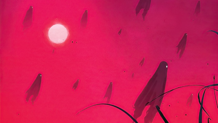 Ghosts in a pink sky with a bright moon