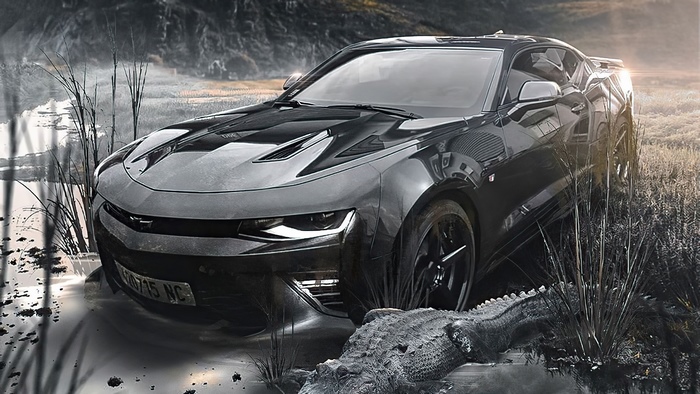 Black Chevrolet Camaro near alligator and reeds