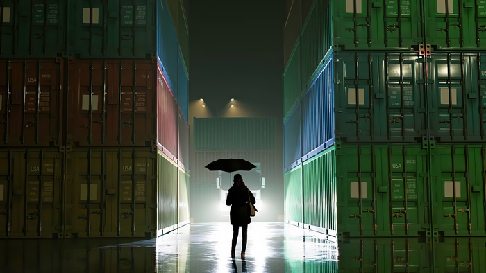 Person with umbrella in shipping containers at night