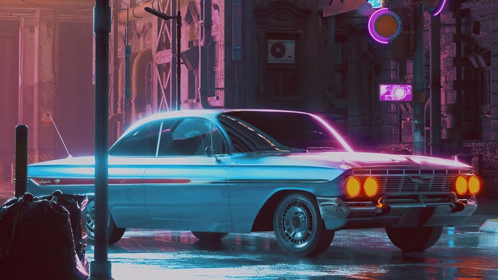 Retrowave artwork of a classic car in a neon city