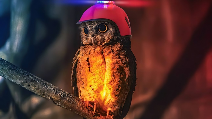 Owl wearing a red helmet with lights