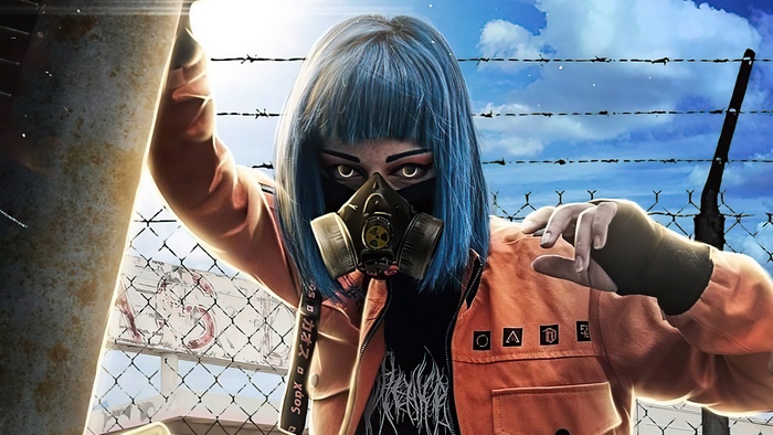 Woman with blue hair and gas mask