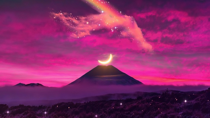 Digital Art 4K Mountain Moon Rainbow Clouds
