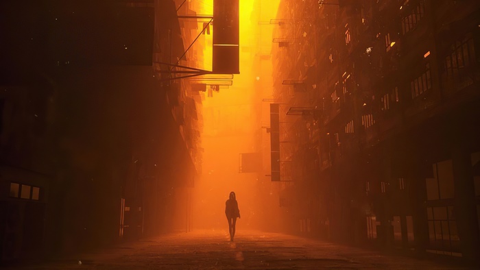 Digital artwork of a person walking down a street