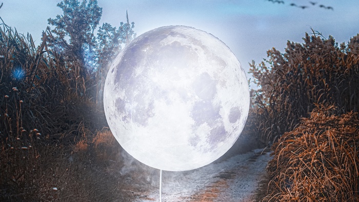 Giant moon over a dirt road with dry plants