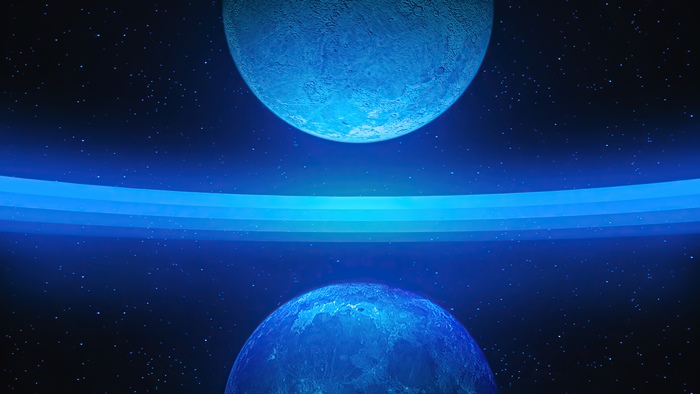 Digital art of two blue planets with rings