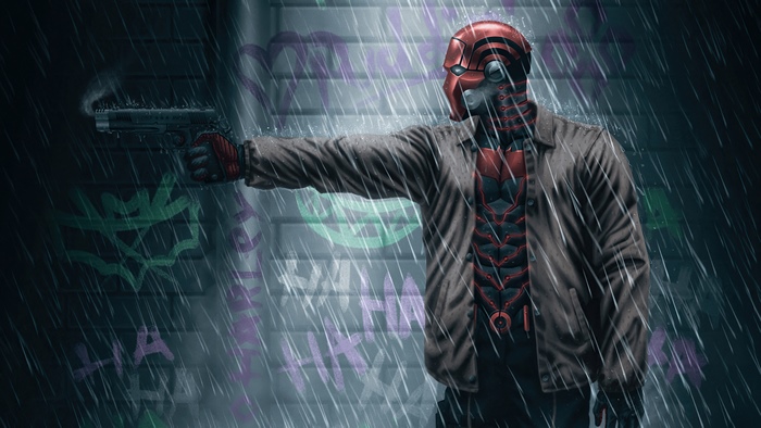 Red Hood with Gun in Rain