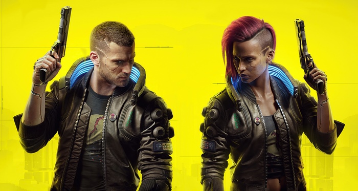 Male and female characters from Cyberpunk 2077 holding guns